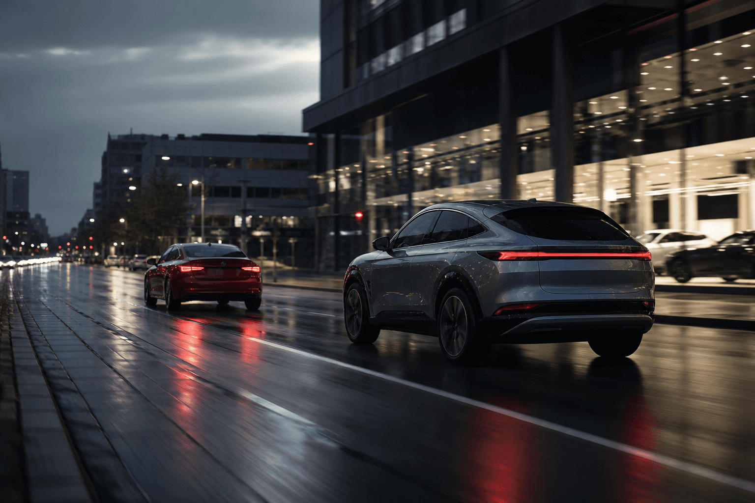 Modern vehicles driving through a wet city corridor at dusk